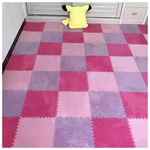 EYRMQWJPC Plüsch-Teppichfliesen mit Verriegelung Pack of 36 12x12x0.4in Plush Carpet Interlocking Foam Puzzle Floor Mat Multicolor(Pink+Purple+Rose Red) von EYRMQWJPC