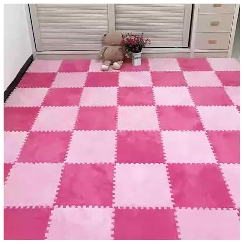 EYRMQWJPC Plüsch-Teppichfliesen mit Verriegelung Pack of 36 12x12x0.4in Plush Carpet Interlocking Foam Puzzle Floor Mat Multicolor(Pink+Rose Red) von EYRMQWJPC