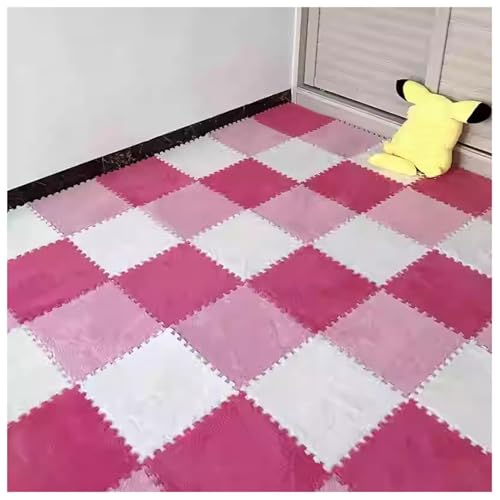 EYRMQWJPC Plüsch-Teppichfliesen mit Verriegelung Pack of 36 12x12x0.4in Plush Carpet Interlocking Foam Puzzle Floor Mat Multicolor(Pink+White+Rose Red) von EYRMQWJPC