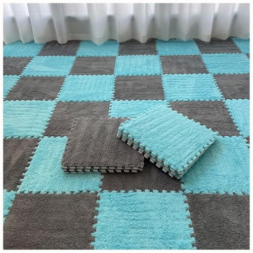 EYRMQWJPC Plüsch-Teppichfliesen mit Verriegelung Pack of 40 Plush Patchwork Foam Interlocking Carpet Tiles 30x30x1cm Multicolor(Gray+Blue) von EYRMQWJPC