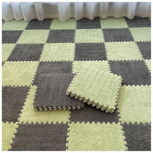 EYRMQWJPC Plüsch-Teppichfliesen mit Verriegelung Pack of 40 Plush Patchwork Foam Interlocking Carpet Tiles 30x30x1cm Multicolor(Gray+Green) von EYRMQWJPC