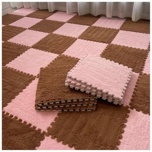 EYRMQWJPC Plüsch-Teppichfliesen mit Verriegelung Pack of 40 Plush Patchwork Foam Interlocking Carpet Tiles 30x30x1cm Multicolor(Pink+Coffee) von EYRMQWJPC