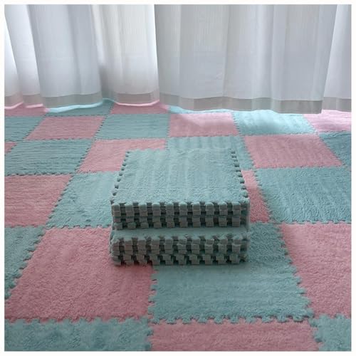 EYRMQWJPC Plüsch-Teppichfliesen mit Verriegelung Pack of 40 Plush Patchwork Foam Interlocking Carpet Tiles 30x30x1cm Multicolor(Pink+Light Blue) von EYRMQWJPC