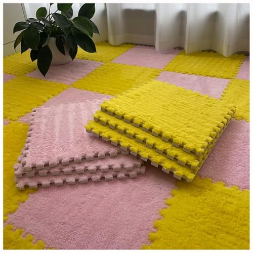 EYRMQWJPC Plüsch-Teppichfliesen mit Verriegelung Pack of 40 Plush Patchwork Foam Interlocking Carpet Tiles 30x30x1cm Multicolor(Pink+Yellow) von EYRMQWJPC