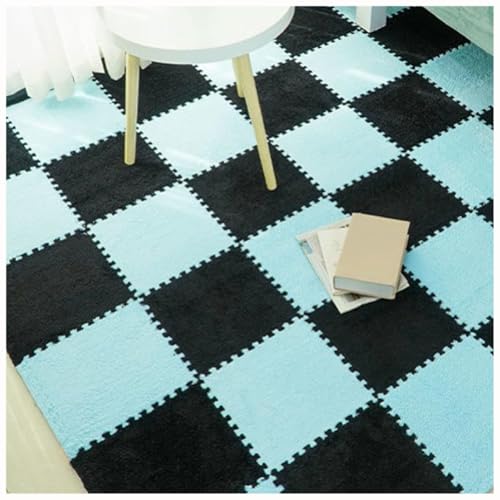 EYRMQWJPC Plüsch-Teppichfliesen mit Verriegelung Pack of 50 Plush Interlocking Foam Carpet Tiles 30x30x1cm Multicolor(Light Blue+Black) von EYRMQWJPC