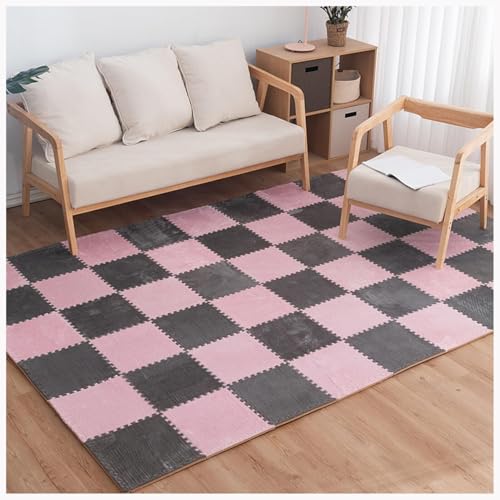 EYRMQWJPC Plüsch-Teppichfliesen mit Verriegelung Pack of 6 Interlocking Foam Patchwork Carpet Mats Multicolor 60x60x1cm(Gray+pink) von EYRMQWJPC