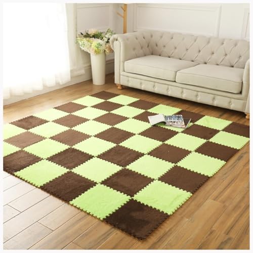 EYRMQWJPC Plüsch-Teppichfliesen mit Verriegelung Pack of 6 Interlocking Foam Patchwork Carpet Mats Multicolor 60x60x1cm(Light Green+Coffee) von EYRMQWJPC