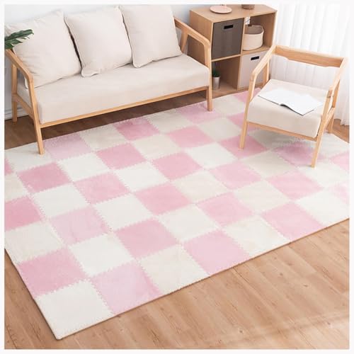 EYRMQWJPC Plüsch-Teppichfliesen mit Verriegelung Pack of 6 Interlocking Foam Patchwork Carpet Mats Multicolor 60x60x1cm(Pink+White) von EYRMQWJPC