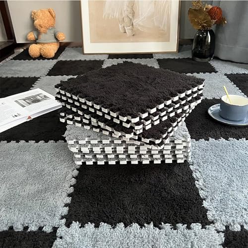 EYRMQWJPC Plüsch-Teppichfliesen mit Verriegelung Plush Foam Puzzle Interlocking Carpet Tiles Pack of 20 Multicolor 30x30x1cm(Black+Gray) von EYRMQWJPC