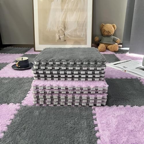 EYRMQWJPC Plüsch-Teppichfliesen mit Verriegelung Plush Foam Puzzle Interlocking Carpet Tiles Pack of 20 Multicolor 30x30x1cm(Purple+Gray) von EYRMQWJPC