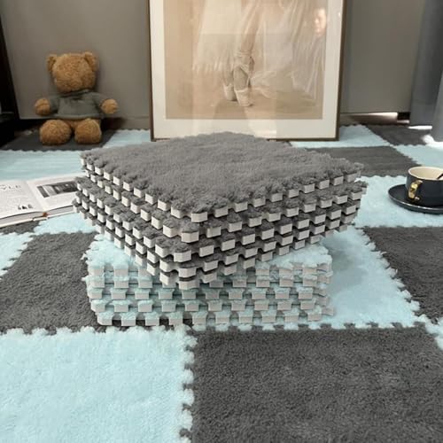 EYRMQWJPC Plüsch-Teppichfliesen mit Verriegelung Plush Foam Puzzle Interlocking Carpet Tiles Pack of 20 Multicolor 30x30x1cm(Sky Blue+Gray) von EYRMQWJPC