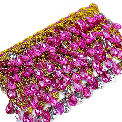 EYRMQWJPC Quastenbesatz 4,5 Yard Kristallperlen Polyester Quaste Fransenbesatz Chainette Fransenbesatz(Rose Red) von EYRMQWJPC