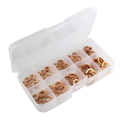 Flache Unterlegscheibe aus Messing, Kupfer-Unterlegscheiben-Dichtungsmuttern- und Schraubensatz Flachringdichtungs-Sortimentssatz mit Box //M8/M10/M12/M14 for Ölwannenstopfen(200PCS With Box) von EYRMQWJPC