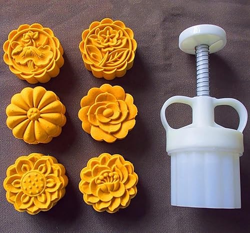 Mondkuchen. 6-teiliges Set aus Mondkuchenformen und Keksstempeln in Blumenform mit einstellbarer Dicke, Weiß, 35 g – 75(63g) von EYRMQWJPC