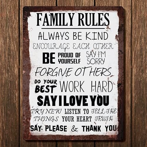 Lustiges Blechschild mit Familienregeln, Metallkunst-Poster, Geschenk, Zuhause, Café, Bar, Wanddekoration, Zimmertürzubehör, 20,3 x 30,5 cm Lustiges Blechschild mit Familienregeln, Metallkunst-Poster, Geschenk, Zuhause, Café, Bar, Wanddekoration, Zimmertürzubehör, 20,3 x 30,5 cm von EYSL