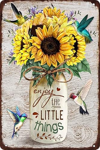 Metall-Blechschild "Enjoy The Little Things", Sonnenblumenkolibri, Geschenk zum Erntedankfest, 20,3 x 30,5 cm von EYSL