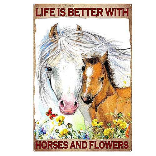 Metall-Blechschild "Life is Better with Horses and Flowers", Kunstdekorationen für Zuhause, Bar, Pub, Garten, Café, Zimmer, Metalldekoration, 30,5 x 20,3 cm von EYSL