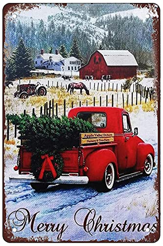 Wandkunst-Poster "Happy Christmas", Dorfbaum, Truck, Retro-Stil, Blechschild für Bar, Café, Schlafzimmer, Wohnzimmer, Esszimmer, Küche, Garage, Wandkunst, Dekoration, 20,3 x 30,5 cm von EYSL