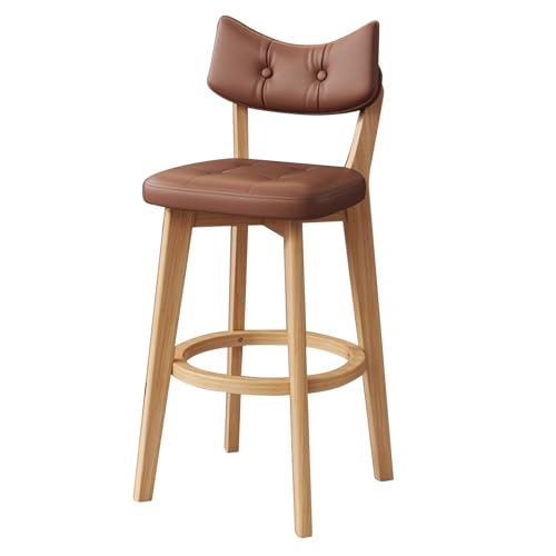 EYUIOPLM Barhocker aus massivem Holz, Barhocker in Thekenhöhe mit Rückenlehne, Bar-Esszimmerstühle aus Pu-Leder, for Kücheninsel, Pub, Frühstückscafé(Wood+Brown,73cm) von EYUIOPLM