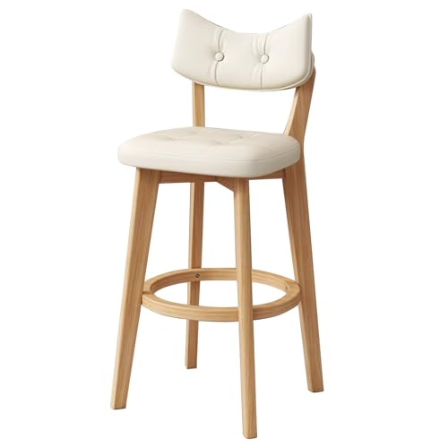 EYUIOPLM Barhocker aus massivem Holz, Barhocker in Thekenhöhe mit Rückenlehne, Bar-Esszimmerstühle aus Pu-Leder, for Kücheninsel, Pub, Frühstückscafé(Wood+Cream White,83cm) von EYUIOPLM