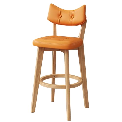 EYUIOPLM Barhocker aus massivem Holz, Barhocker in Thekenhöhe mit Rückenlehne, Bar-Esszimmerstühle aus Pu-Leder, for Kücheninsel, Pub, Frühstückscafé(Wood+orange,63cm) von EYUIOPLM