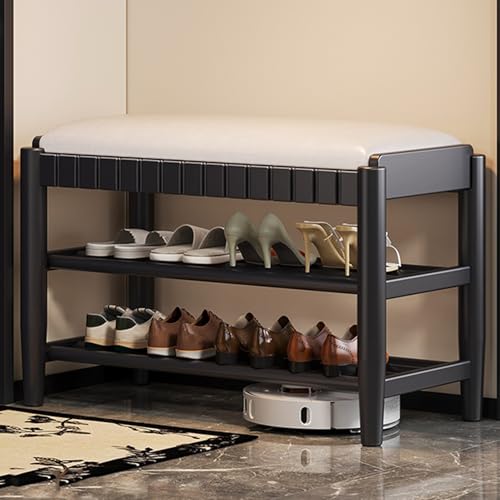 EYUIOPLM Massivholz-Schuhbank mit Lederkissen, 3-stufige Schuhaufbewahrungsbank, Flurbank für den Eingangsbereich, Mudroom(Black,45cm) von EYUIOPLM