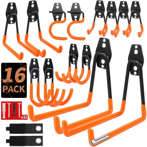 EZ COZY Robuste Wandhalterungshaken, 16 Stück mit 2 Verlängerungsschnurbändern (orange) für Garage, Schuppen, Fahrräder, Leitern, Seile von EZ COZY