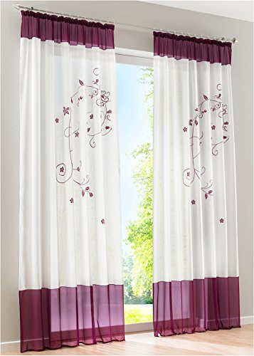 EZ GLAM Gardine mit Blumen Bestickt Gardinen Transparent Voile 1PC Vorhang (B*H 140 * 225cm, Beere mit Kräuselband) von EZ GLAM