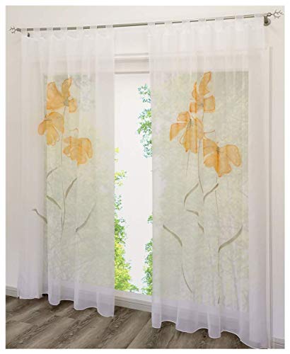EZ GLAM Gardine mit Blumen Druck Floral Gardinen Transparent Voile 1PC Vorhang (B*H 150*175cm, Orange mit Schlaufen) von EZ GLAM