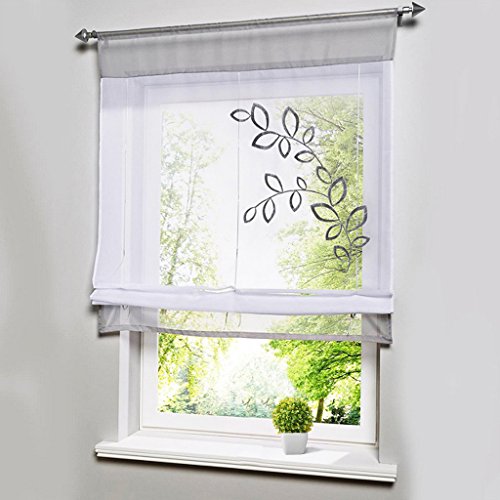 EZ GLAM Raffrollo mit Blatt Bestickt Rollos Voile Transparent 1PC Vorhang (B*H 80*120cm, Silbergrau) von EZ GLAM