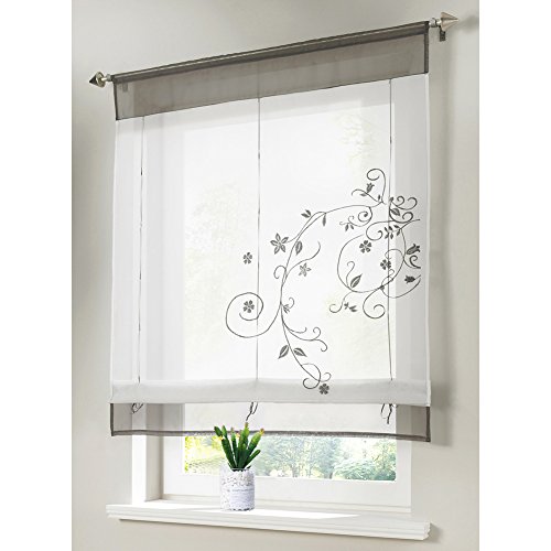 Raffrollo mit Blumen Stickerei Gardinen Tunnelzug Rollos Transparent Voile 1PC Vorhang (B*H 100 * 140cm, Grau) von EZ GLAM