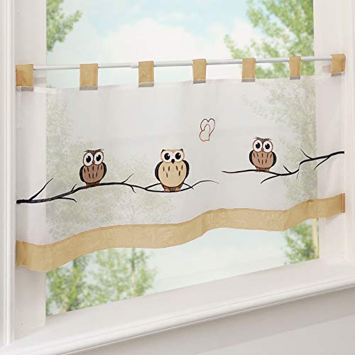 EZ GLAM Scheibengardine mit Eule Bestickt Gardine Schlaufen Voile 1PC Vorhang (H*B 45 * 120cm, Sand) von EZ GLAM