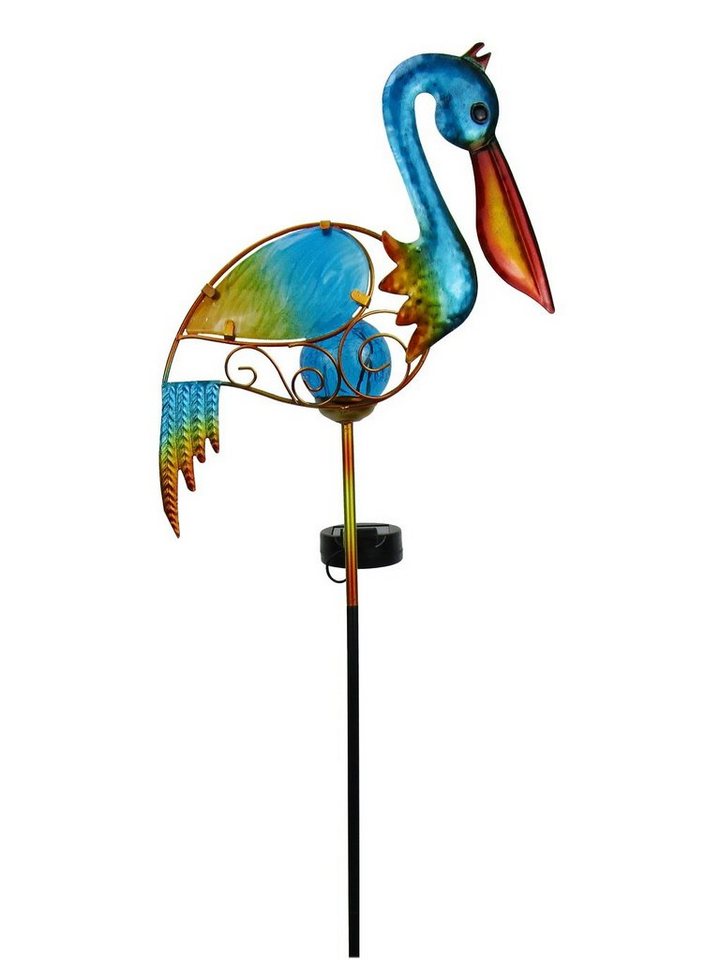 EZ SOLAR Gartenstecker Garten Dekofigur Pelikan Gartenleuchte Solar (1-St., 98 cm hoch, mit Erdspieß) inklusive 8 LEDs kaltweiß 6500K, bis zu 8 Stunden, aus Metall von EZ SOLAR