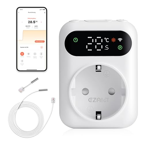 ezAIoT WLAN Steckdosen-Thermostat mit Zeitschaltuhr für Heizung und Kühlung - Digitaler Temperaturregler mit 3m Fühler für Gewächshäuser und Aquarien, 230V, LED Bildschirm von EZAIoT