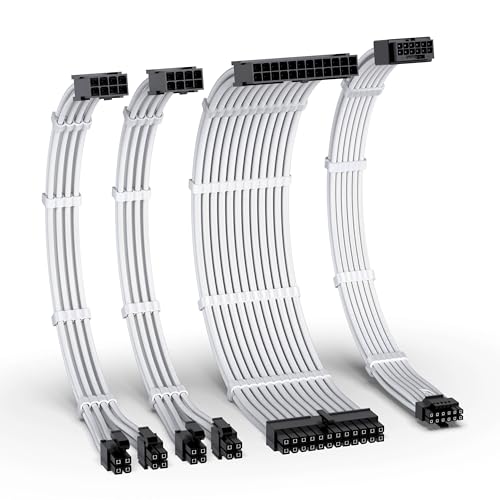 EZDIY-FAB 12VHPWR PSU Kabelverlängerung Kit,16AWG PCIE 5.0 Stromversorgungskabel Verlängerung-1x 24 Pin ATX /2x 8Pin (4+4) EPS / 1x12+4 pin,Sleeve Kabel 300MM mit Kämmen-Weiß von EZDIY-FAB