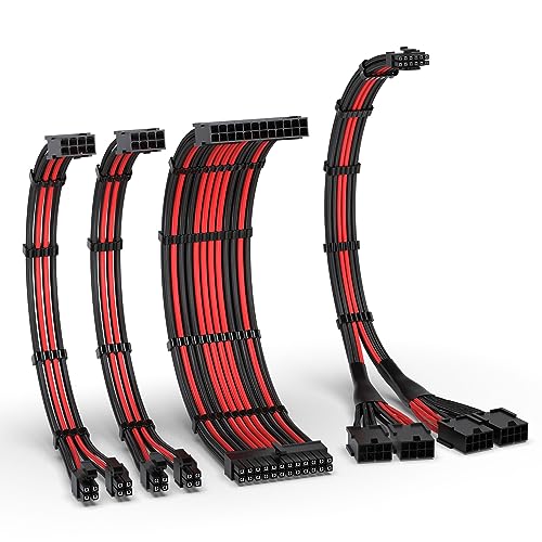 EZDIY-FAB PCIE 5.0 12VHPWR Sleeved Cable Kit, 16AWG Stromversorgungskabel Verlängerung, 24PIN-ATX/(4+4) PIN-EPS/(12+4) PIN auf 4X 8 PIN PCIE- RTX4090/4080/4070Ti Verlängerungskabel- Schwarz/Rot von EZDIY-FAB