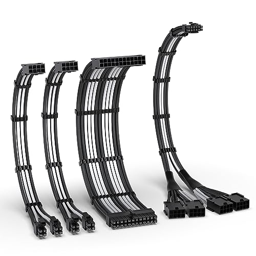 EZDIY-FAB PCIE 5.0 12VHPWR Sleeved Cable Kit, 16AWG Stromversorgungskabel Verlängerung, 24PIN-ATX/(4+4) PIN-EPS/(12+4) PIN auf 4X 8 PIN PCIE- RTX4090/4080/4070Ti Verlängerungskabel- Schwarz/Weiß von EZDIY-FAB
