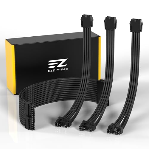 EZDIY-FAB PSU Verlängerungskabel Ummantelt Custom Mod PC Stromversorgungskabel,Weiches Nylongeflecht mit Kammsatz 24PIN/8PIN bis 6+2Pin/ 8PIN bis 4+4PIN-300MM-Schwarz von EZDIY-FAB
