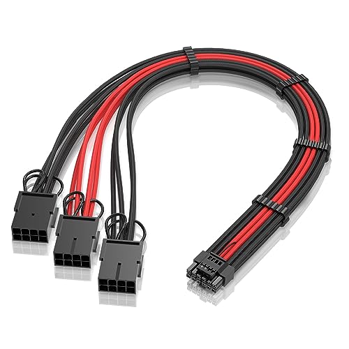 GPU Power Sleeved Cable Verlängerung,16pin(12+4) 12VHPWR PCIe 5.0 Stecker auf 3X PCIE 8 PIN für RTX 4070Ti/4080/3090Ti,mit Vorinstallierten Kabelkämmen-16AWG/Schwarz Rot von EZDIY-FAB