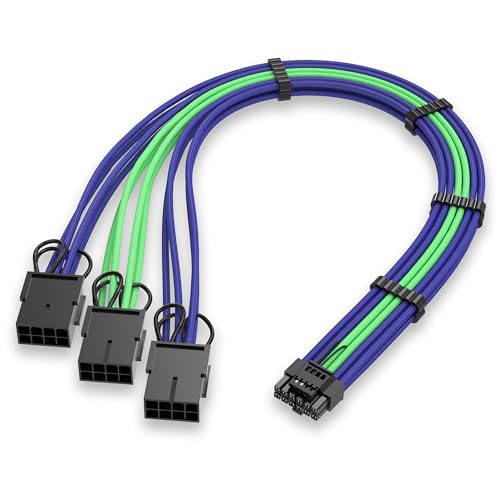 GPU Power Sleeved Cable Verlängerung,16pin(12+4) 12VHPWR PCIe 5.0 Stecker auf 3X PCIE 8 PIN für RTX 4070Ti/4080/3090Ti,mit Vorinstallierten Kabelkämmen-16AWG/Violett Grün von EZDIY-FAB
