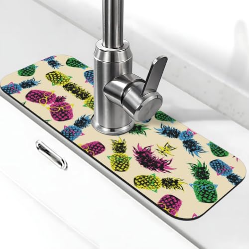 Ananas-Druck-Stein-Wasserhahn-Matte für Küchenspüle, Kieselgur-saugfähige Matte, Wasserhahn-Spritzschutz für Badezimmer und Küche (38,1 x 14 cm) von EZDLOWVBA
