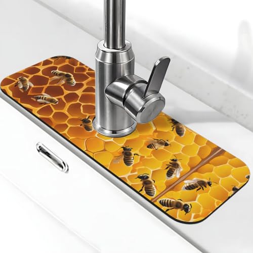 Bee On Comb Print Stone Wasserhahn Matte für Küchenspüle, Kieselgur-saugfähige Matte, Wasserhahn-Spritzschutz für Badezimmer Küche (38,1 x 14 cm) von EZDLOWVBA