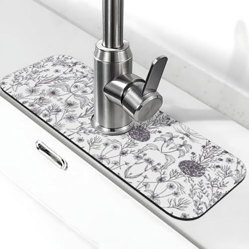 Blühende Kräuter und krautige Pflanzen Druck Stein Wasserhahn Matte für Küchenspüle, Kieselgur-saugfähige Matte, Wasserhahn-Spritzschutz für Badezimmer Küche (38,1 x 14 cm) von EZDLOWVBA