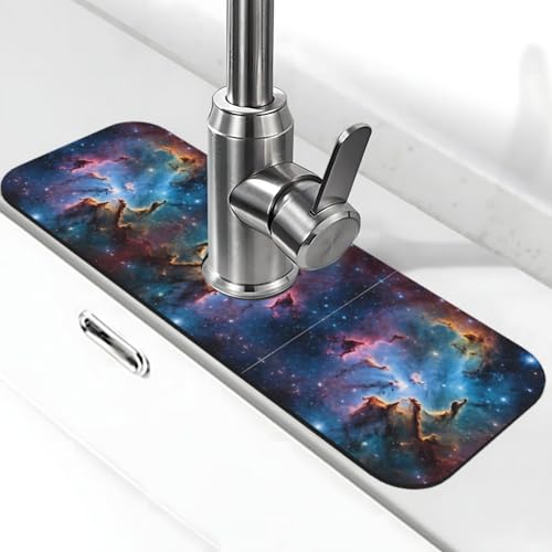 Bunte Galaxie-Druck-Stein-Wasserhahnmatte für Küchenspüle, Kieselgur-saugfähige Matte, Wasserhahn-Spritzschutz für Badezimmer und Küche (38,1 x 14 cm) von EZDLOWVBA