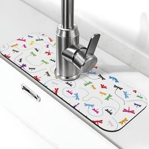 Bunte Libellen-Druck-Stein-Wasserhahn-Matte für Küchenspüle, Kieselgur-saugfähige Matte, Wasserhahn-Spritzschutz für Badezimmer und Küche (38,1 x 14 cm) von EZDLOWVBA