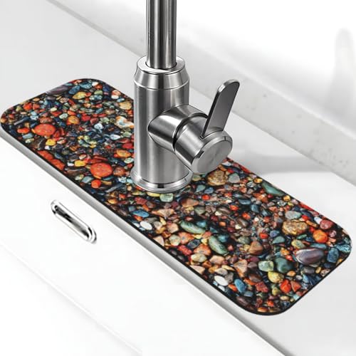 Color Stones Hippie-Druck Stein Wasserhahn Matte für Küchenspüle, Kieselgur-saugfähige Matte, Wasserhahn-Spritzschutz für Badezimmer Küche (38,1 x 14 cm) von EZDLOWVBA