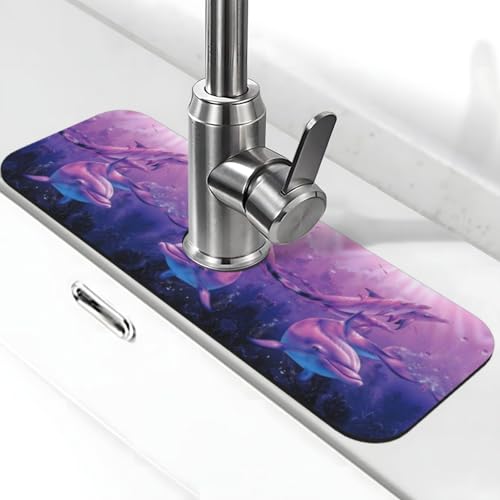Delfine Kunstdruck Stein Wasserhahn Matte für Küchenspüle, Kieselgur-saugfähige Matte, Wasserhahn-Spritzschutz für Badezimmer Küche (38,1 x 14 cm) von EZDLOWVBA
