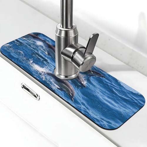 Delfine in the Sea Print Stone Wasserhahn Matte für Küchenspüle, Kieselgur-saugfähige Matte, Wasserhahn-Spritzschutz für Badezimmer Küche (38,1 x 14 cm) von EZDLOWVBA