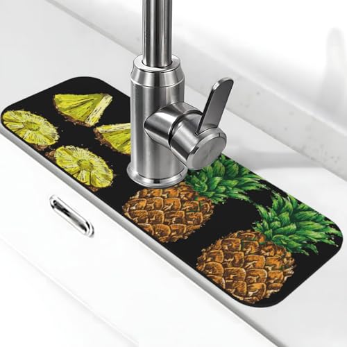 EZDLOWVBA Ananas-Druck-Stein-Wasserhahn-Matte für Küchenspüle, Kieselgur-saugfähige Matte, Wasserhahn-Spritzschutz für Badezimmer und Küche (38,1 x 14 cm) von EZDLOWVBA