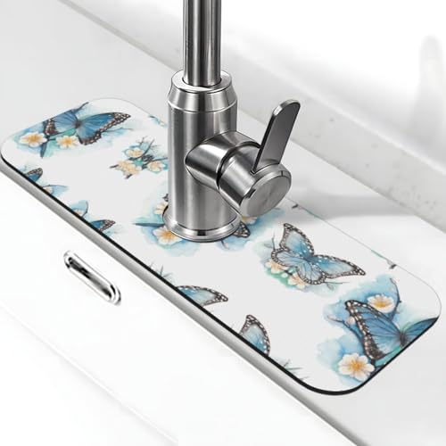 EZDLOWVBA Blauer Schmetterling auf Blüte und Blumendruck, Stein-Wasserhahn-Matte für Küchenspüle, Kieselgur-saugfähige Matte, Wasserhahn-Spritzschutz für Badezimmer und Küche (38,1 x 14 cm) von EZDLOWVBA